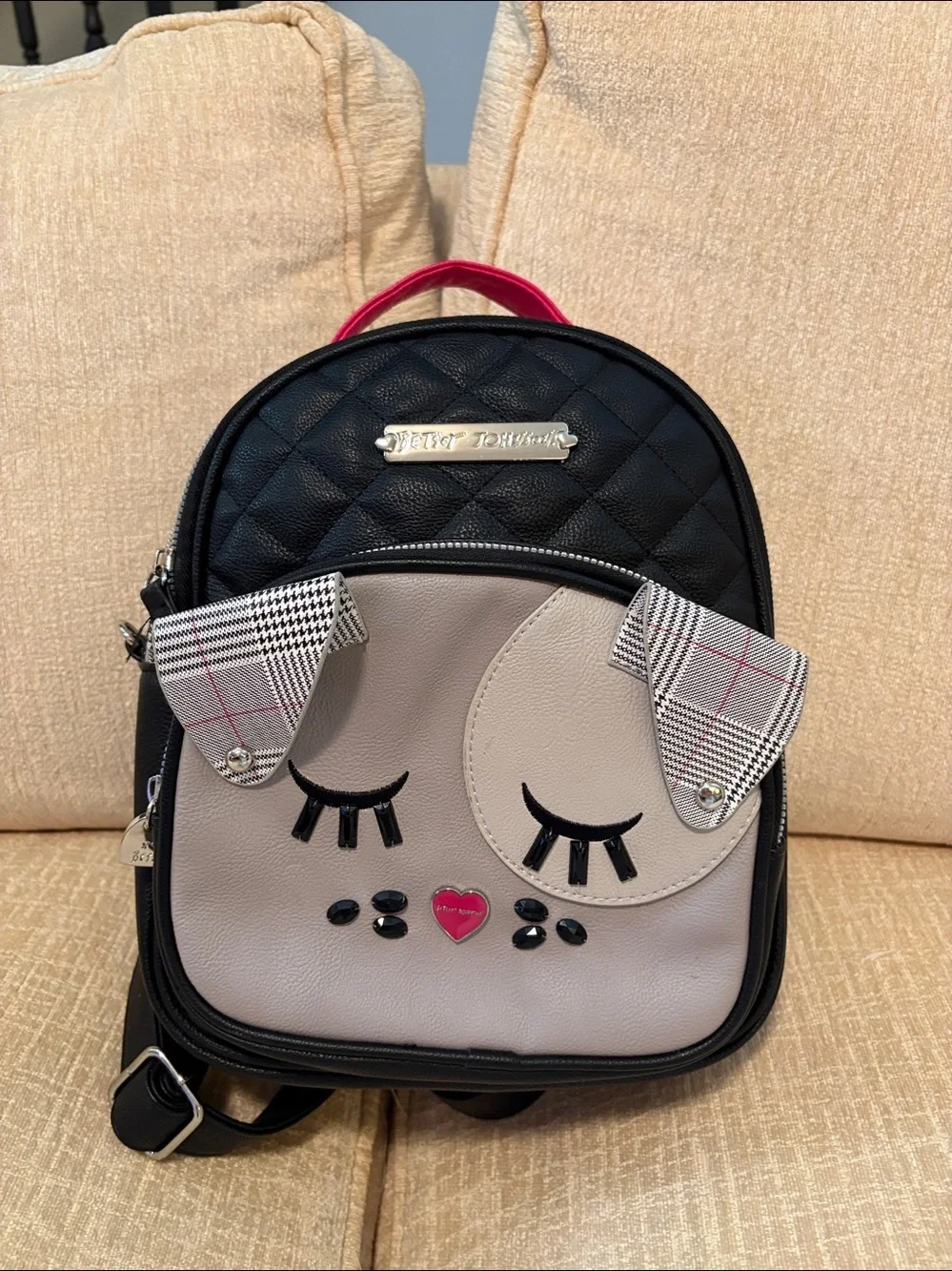 Betsey Johnson Kids Black & Cream Puppy Face Backpack with Pink Handle